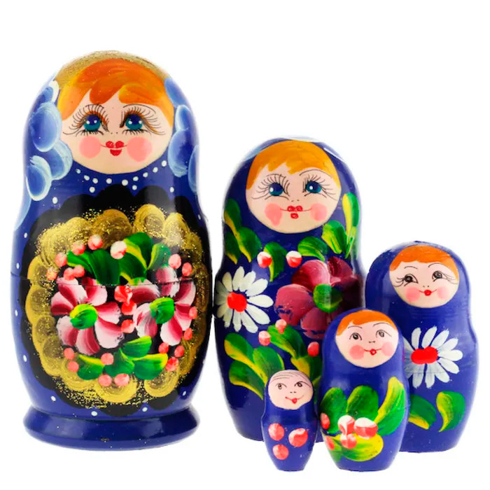 Деревянная Матрешка 5 мест средняя - золотой медальон-синяя MS0503LyPM-05