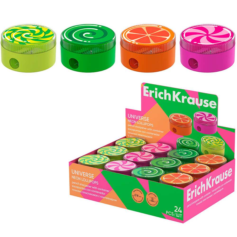 Точилка пластик Universe, Neon Lollipops, с контейнером, ассорти 60008 Erich Krauze